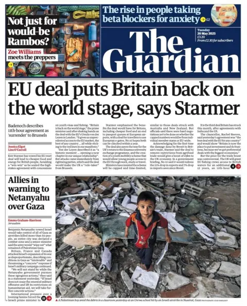 The headline on the front page of the Guardian reads: "EU deal puts Britain back on the world stage, say Starmer".