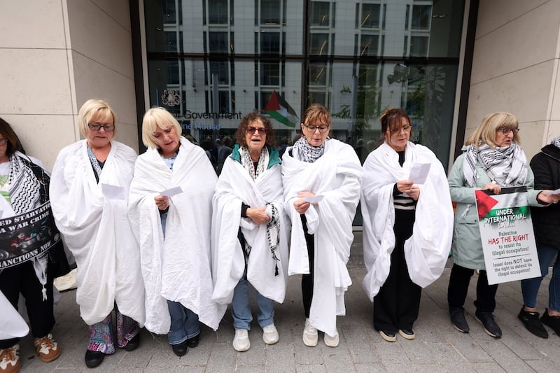 Pro-Palestine supporters hold a protest at the Northern Ireland Office in Belfast City Centre. PICTURE: MAL MCCCANN