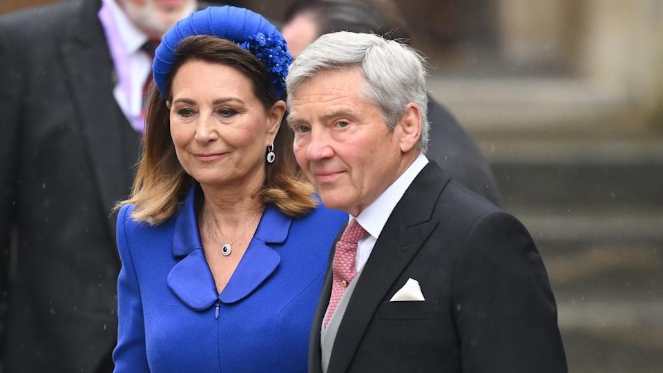 Carole Middleton and Michael Middleton arrive at Westminster Abbey for the Coronation of King Charles III and Queen Camilla 