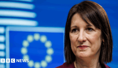 UK Chancellor Rachel Reeves stands in front of a blue and white EU flag She wears a burgundy suit and her fringe is swept to the side.