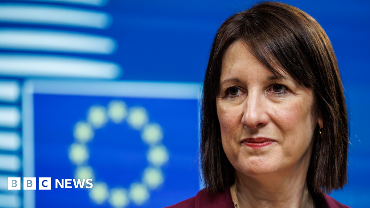 UK Chancellor Rachel Reeves stands in front of a blue and white EU flag She wears a burgundy suit and her fringe is swept to the side.