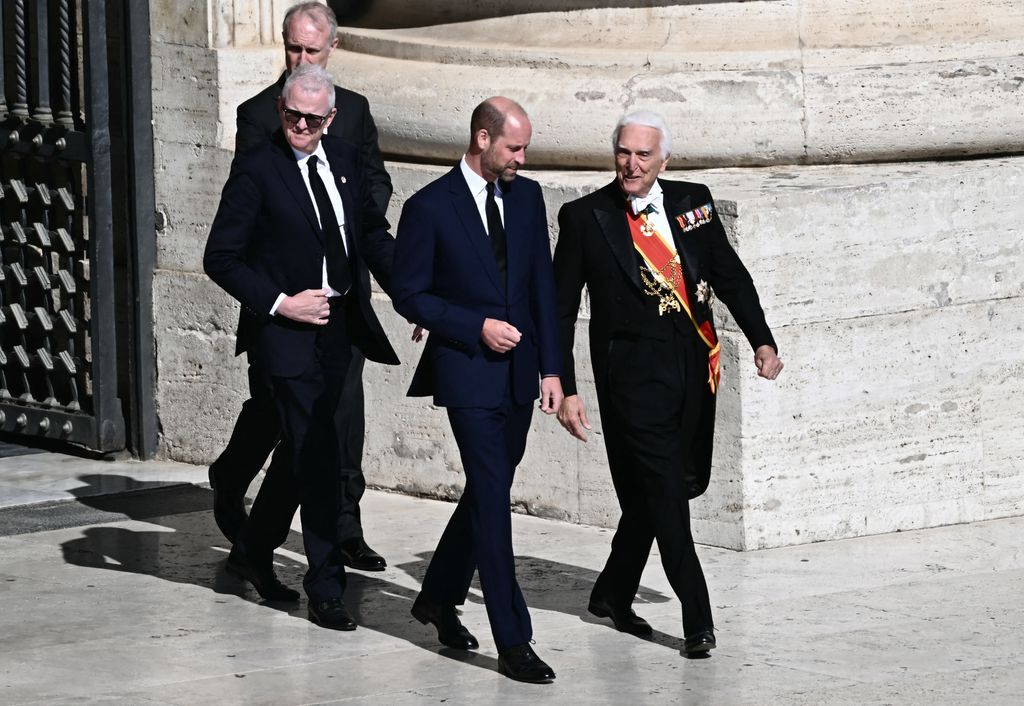 Britain's Prince William (C) arrives ahead of the late Pope Francis' funeral ceremony at St Peter's Square at The Vatican on April 26, 2025.