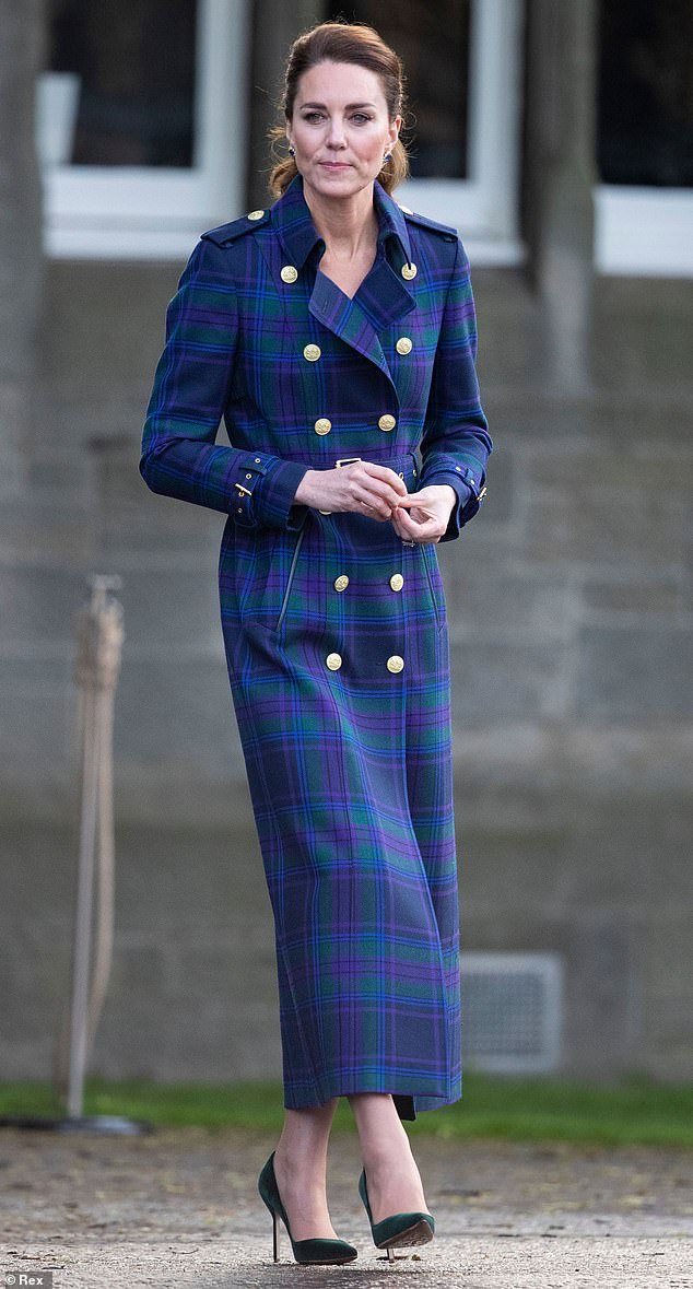 The Princess of Wales wore the brand's £849 longline tartan coat while on a trip to Scotland in May 2021 (pictured)