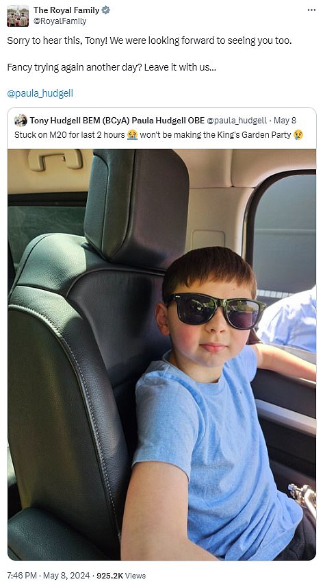 Tony was unable to make it to the Buckingham Palace garden party in May last year after getting stuck in traffic on the M20. But Palace officials promised to conjure up another date