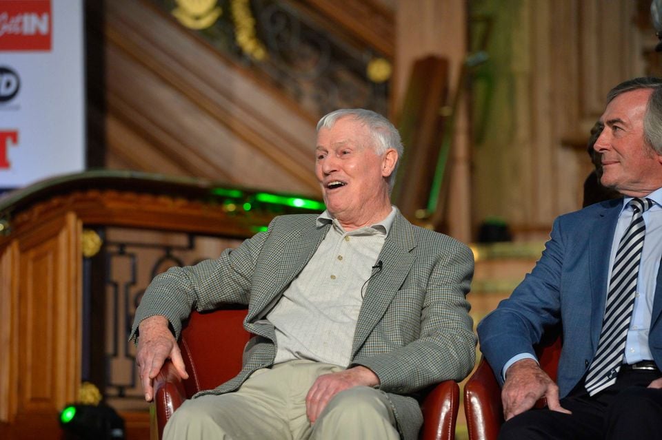 Peter McParland in attendance with Pat Jennings during the Northern Ireland Euro 2016 squad reveal