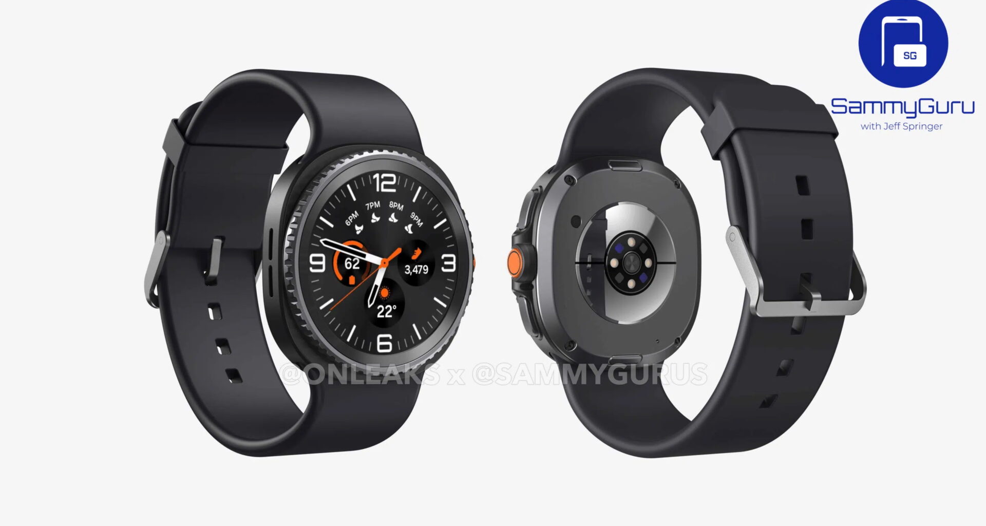 Two renders of what the Samsung Galaxy Watch 8 Classic might look like, one facing forward-right and the other back-left. The first shows a circular AMOLED display, rotating metal bezel, and squircle case; the second shows the bottom sensors, orange Action button, and fluoroelastomer watch band.