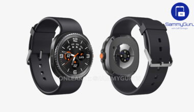 Two renders of what the Samsung Galaxy Watch 8 Classic might look like, one facing forward-right and the other back-left. The first shows a circular AMOLED display, rotating metal bezel, and squircle case; the second shows the bottom sensors, orange Action button, and fluoroelastomer watch band.