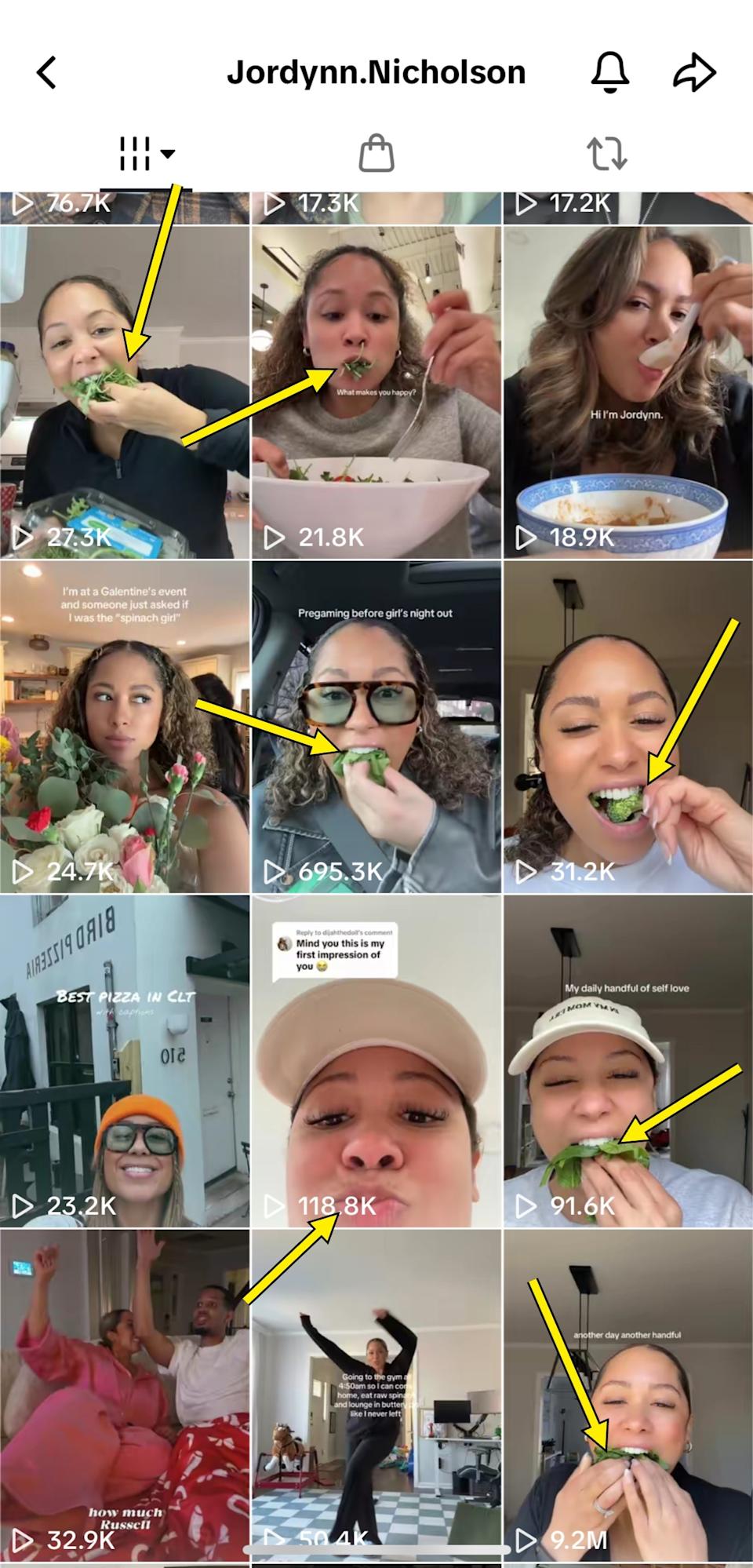 TikTok profile of lifestyle content. Arrows point to several videos of woman eating handfuls of raw spinach