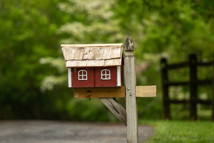 A birdhouse like mailbox on a forested street.