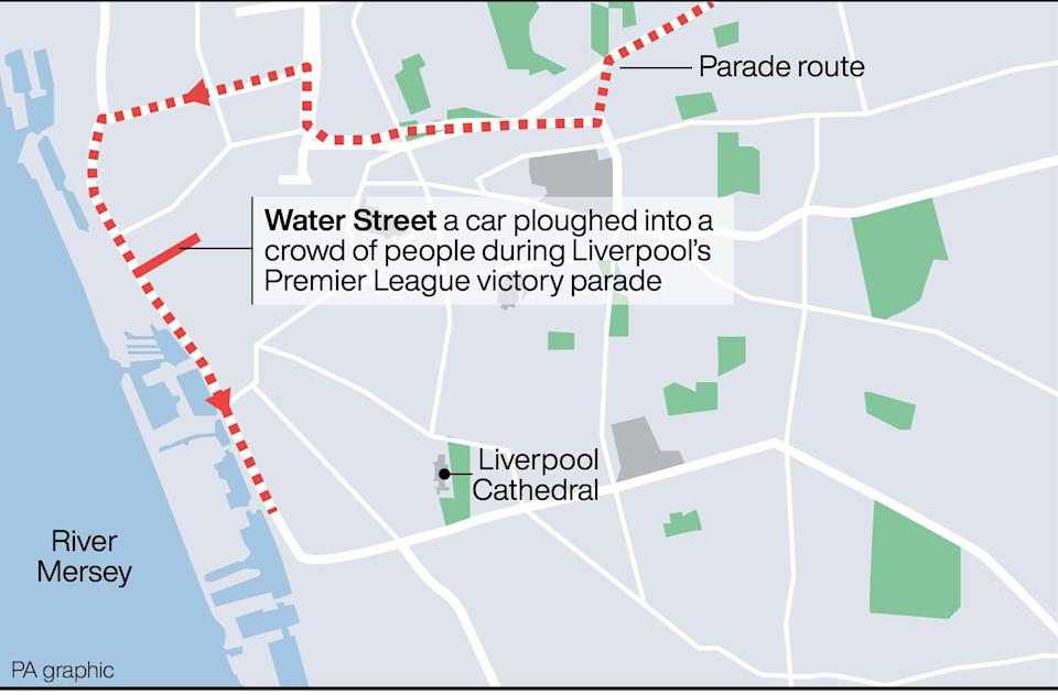 The route of the parade and the collision in Liverpool. (PA)