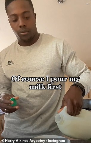 Harry, who has appeared as 'Nitro' in the BBC Gladiator series, shared a video which shows him pouring milk in the bowl first