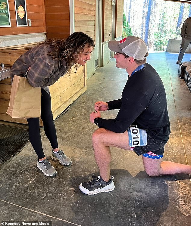 Isabel said Christopher was keen to get married in September before his deployment the following month and he proposed to her after finishing running a marathon (pictured)