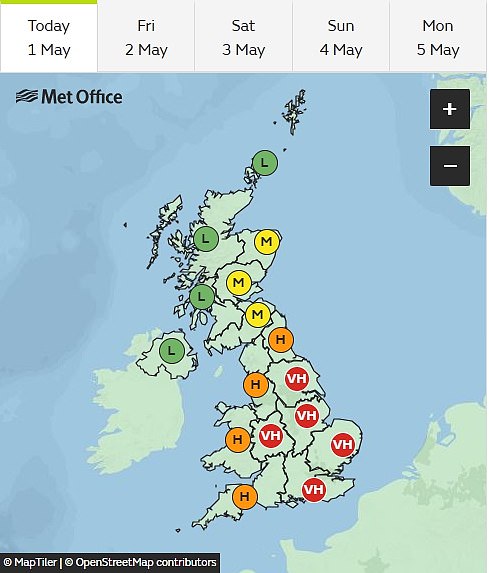The warning comes with most of England and Wales in the grip of 'very high' or 'high' pollen levels, leaving many hay fever sufferers reaching for the medicine cabinet