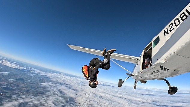 Jade had been living in lodgings in Shotton, Co Durham, since the end of last year, renting a double bed in a house used by skydivers staying over in the village. Pictured: Ms Damarell skydiving on a previous occasion