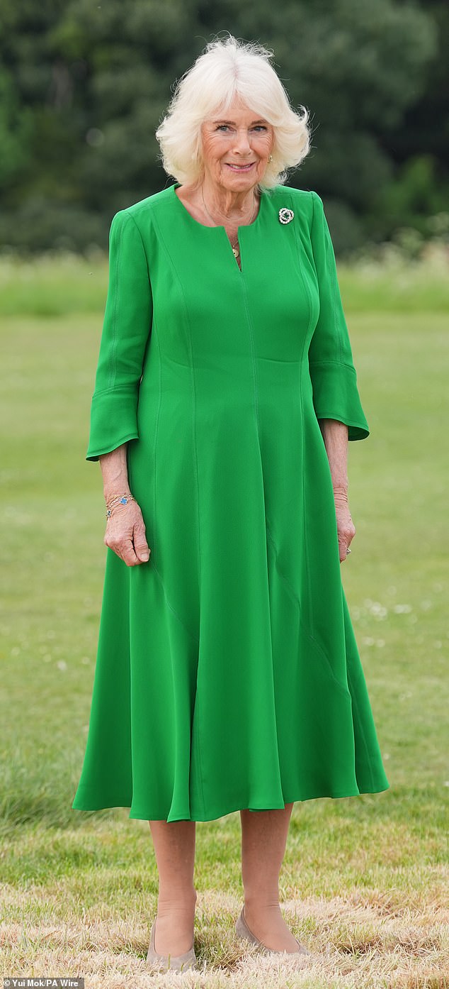 Camilla put on a regal display in a flowing green dress and a pair of simple yet classic nude pumps