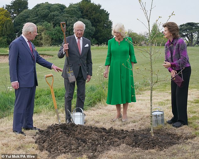 Charles and Carl appeared animated as they planted the tree in the Home Park of Windsor Castle