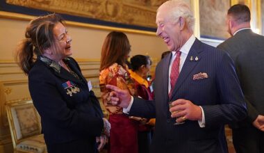 King Charles appeared in good spirits as he spoke to guests at a Windsor Castle reception for members of the Victoria Cross and George Cross Association today