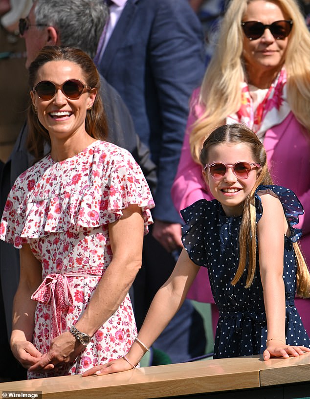 Pippa Middleton and Princess Charlotte of Wales court-side of Centre Court during the men's final on day fourteen of the Wimbledon Tennis Championships at the All England Lawn Tennis and Croquet Club on July 14, 2024