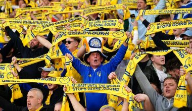 Leeds fans were met with commemorative scarves celebrating their promotion when arriving to their seats for Monday's clash against Bristol City