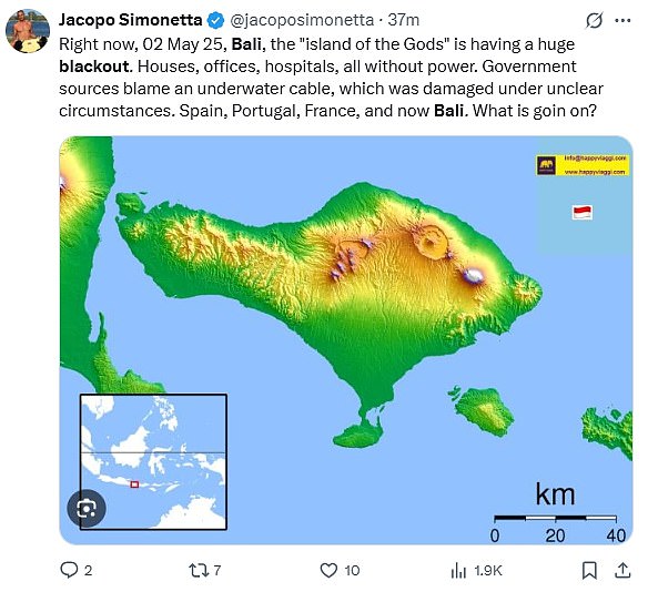 An island-wide blackout hit Bali, in Indonesia, around 4pm local time on Friday