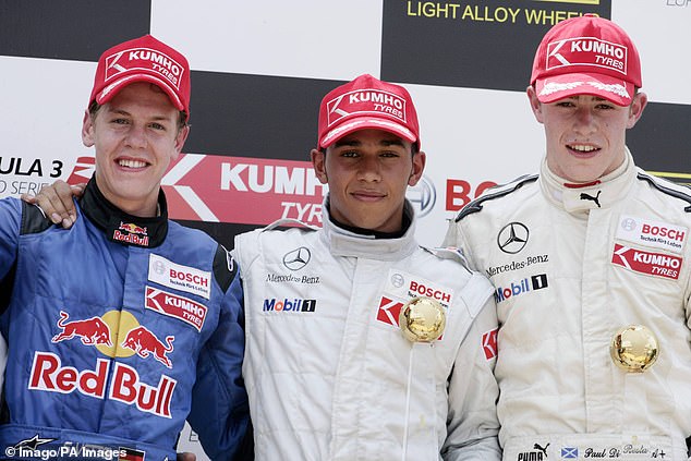 A young Di Resta on the podium with Sebastian Vettel and Lewis Hamilton in Formula 3 in 2005