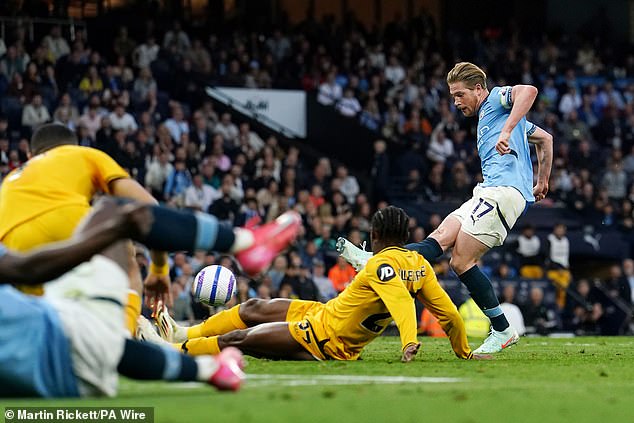 De Bruyne finished past Jose Sa after he was set up following good work from Jeremy Doku