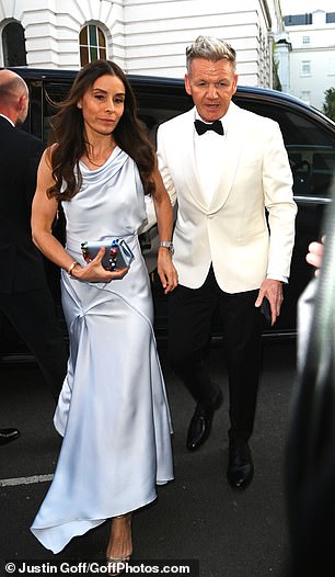 Gordon Ramsay cut a dapper figure in a white tuxedo, while his wife Tana wowed in a pale blue satin dress as they arrived to celebrate their close pal David