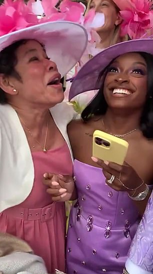 Footage also emerged of Biles and Nellie watching the race together before the latter celebrated wildly after backing the winner, Sovereignty