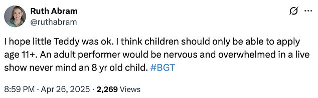Another fan speculated that at eight years old, Teddy was too young to be expected to perform in the high-stress environment