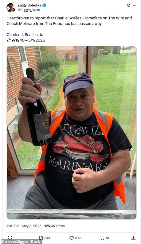 A post from The Wire fan account Ziggy_Sobotka read: 'Heartbroken to report that Charlie Scalies, Horseface on The Wire and Coach Molinaro from The Sopranos has passed away'