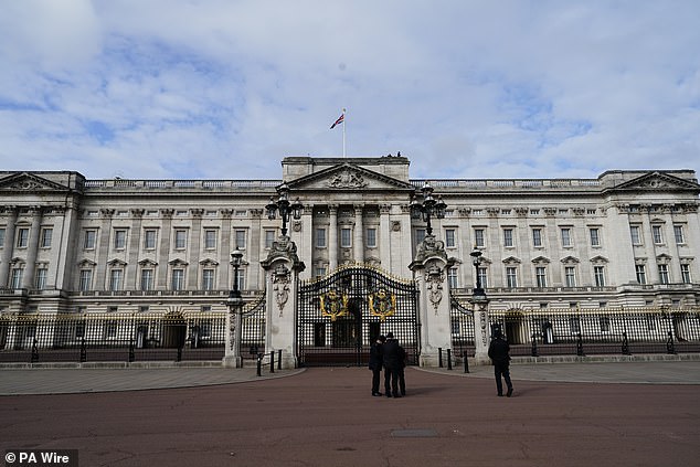 Police officers outside Buckingham Palace ahead of the military procession for the 80th anniversary of VE Day