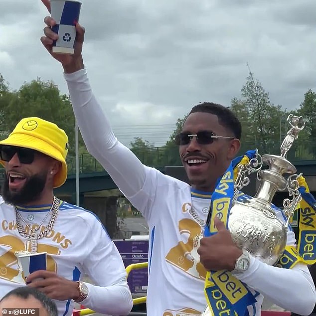Leeds players made their way through the city with the Championship trophy in view for fans