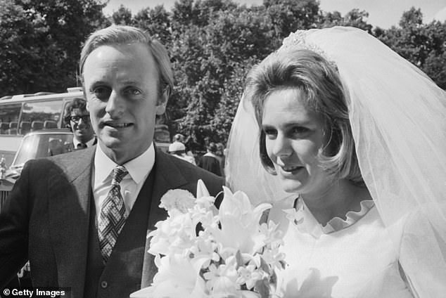 Before the VE Day celebrations began, Queen Camilla joined her first husband, Brigadier Andrew Parker Bowles, for a memorial service at Hereford Cathedral (pictured at their wedding in 1973)
