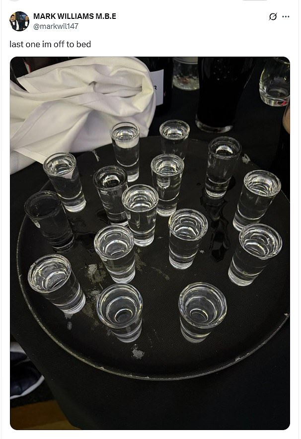 In his final post on social media, William shared a picture of a tray of shots before going to bed