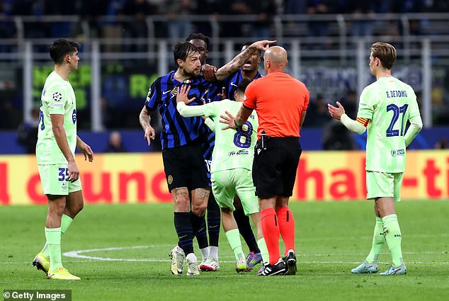 The Inter Milan defender had to be held back by his opponents while VAR reviewed the incident - but it was found that no player had been at fault despite the Italian's furious protestation