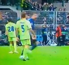 Inigo Martinez (yellow and green kit) appeared to spit on Francesco Acerbi in the aftermath of Inter Milan's penalty