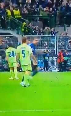 Inigo Martinez (yellow and green kit) appeared to spit on Francesco Acerbi in the aftermath of Inter Milan's penalty