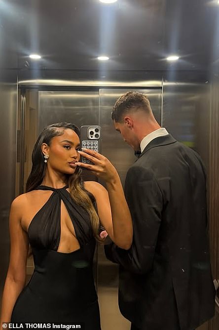 In the snaps, the reality star sizzled in a black plunging halter neck dress as she joined her dapper beau, who was dressed in a black tuxedo