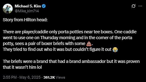 The inside dirt was shared online by PGA's Michael S. Kim, who described something of a Fred Funk emanating from the toilets at last month's RBC Heritage event on Hilton Head Island