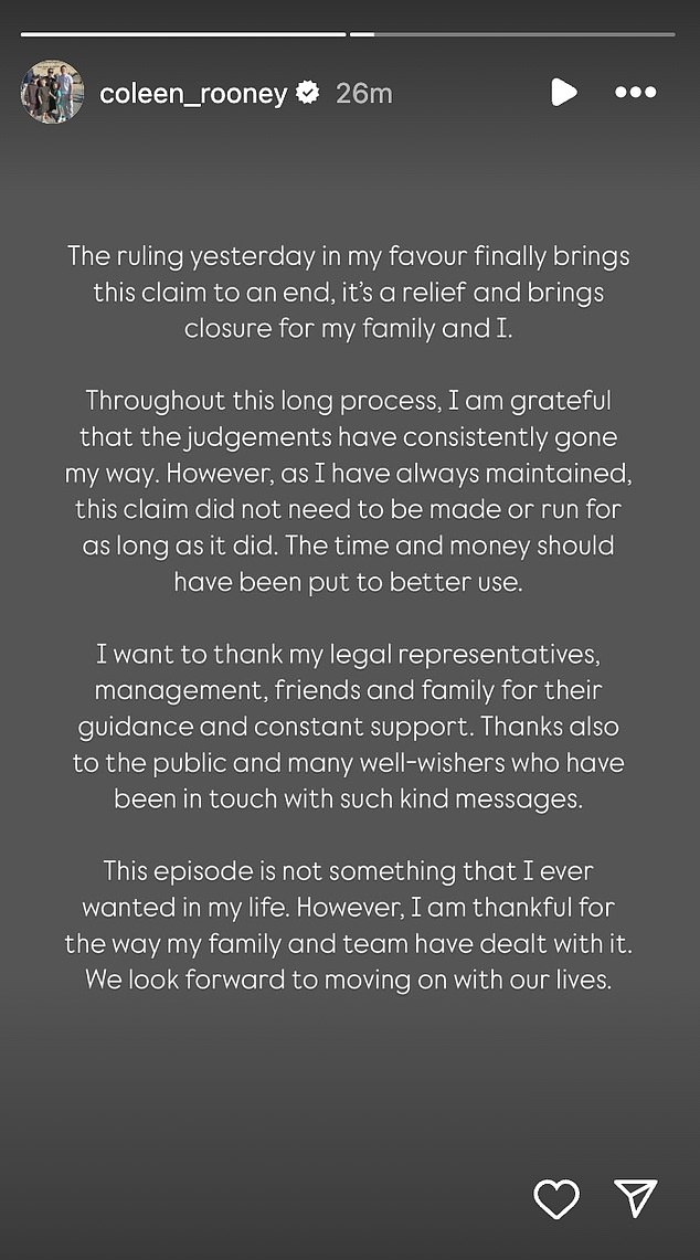 Breaking her silence in a statement on Wednesday, Coleen insisted 'time and money should have been put to better use' in the scathing message to Rebekah