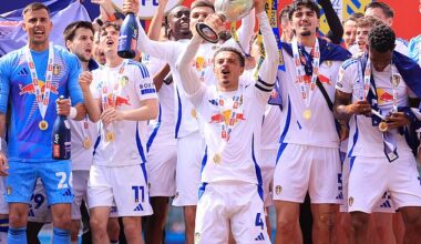 Leeds hoisted the Championship trophy aloft after booking their return to the Premier League