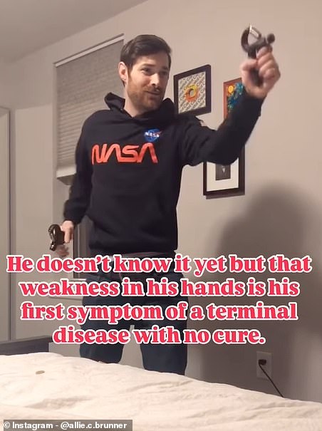 In another video posted earlier this month but also taken around the beginning of 2020, Allie is filming Eric struggling to hold a pair of weights
