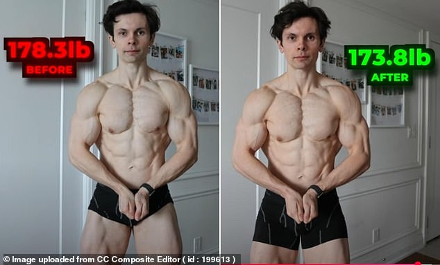 In a YouTube video that has amassed more than 2.5 million views, Will Tennyson, a Canadian based fitness influencer, undertook the challenge of only eating 1000 calories a day for four days. Pictured: before and after