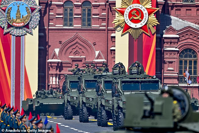 Military vehicles and soldiers parade through Red Square as part of the celebrations of the 80th anniversary of Victory in the Great Patriotic War at Red Square in Moscow, Russia on May 9, 2025