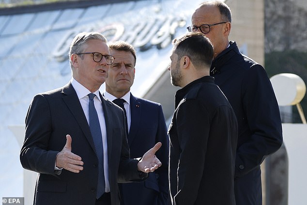 Sir Keir Starmer is seen speaking with President Zelensky alongside France's Emmanuel Macron and Germany's Frederich Merz
