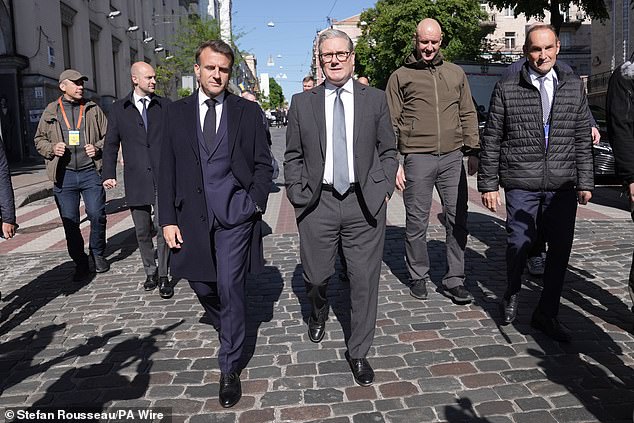 Prime Minister Sir Keir Starmer (centre right) with French President Emanuel Macron (centre left) in Kyviv as they join European leaders in Ukraine for further talks