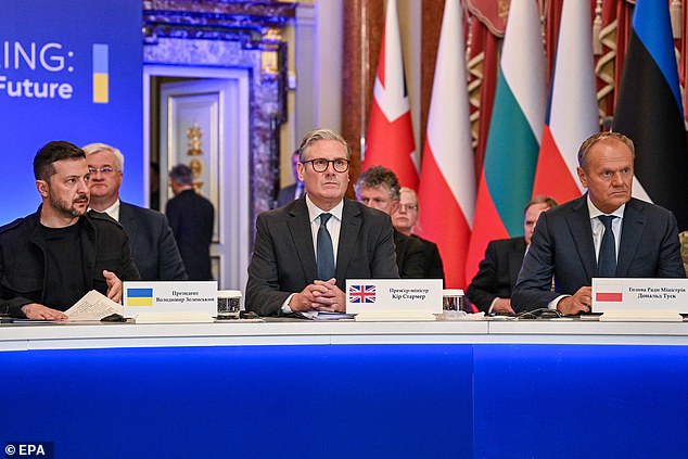Ukraine's President Volodymyr Zelensky, Britain's Prime Minister Keir Starmer, and Poland's Prime Minister Donald Tusk attend a meeting of the 'coalition of the willing' at the Mariyinsky Palace in Kyiv