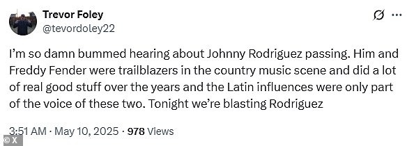 Fans of Rodriguez have rushed to social media to pay tribute, writing: 'RIP to another Texas legend