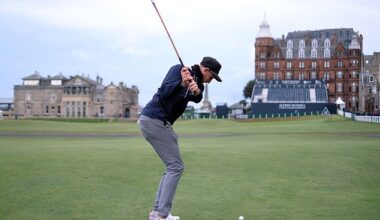 England cricketer Joe Root pictured teeing off in golf's 'Hickory Challenge' prior to the Alfred Dunhill Links Championship on the Old Course St. Andrews in September 2022