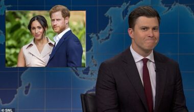 Prince Harry and Meghan Markle were mocked on Saturday Night Live yesterday as host Colin Jost (right) made a brutal joke about the couple